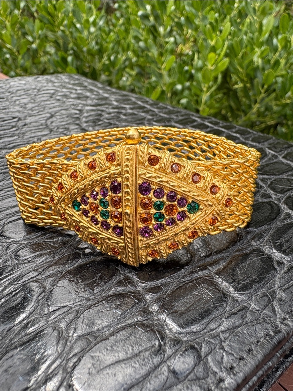 JBK Jacqueline Kennedy Gold Plated Mesh Bracelet Simulated Color Gemstones Thick
